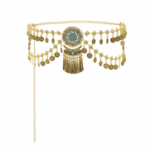 Bohemian Retro Belly Chain – Gold Plated Coin Tassel Body Chain with Blue & Red Rhinestones