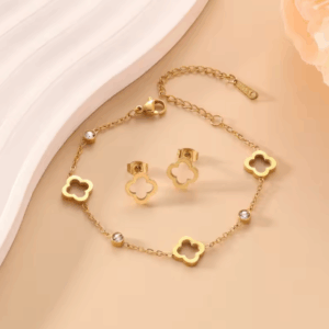 EVISPOL Gold-Color Clover Flower Bracelet & Earring Set – Stylish Stainless Steel Jewelry for Women