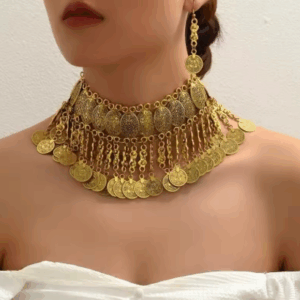 Gypsy Bohemian Vintage Statement Necklace – Antique Gold Coin Tassel Chunky Jewelry for Women