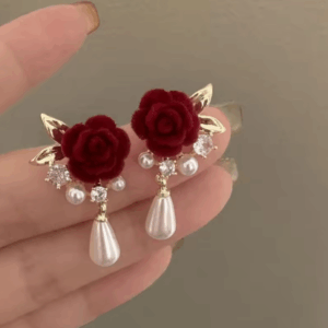 Vintage Wine Red Velvet Rose Pearl Stud Earrings – Elegant Women’s Jewelry Accessories